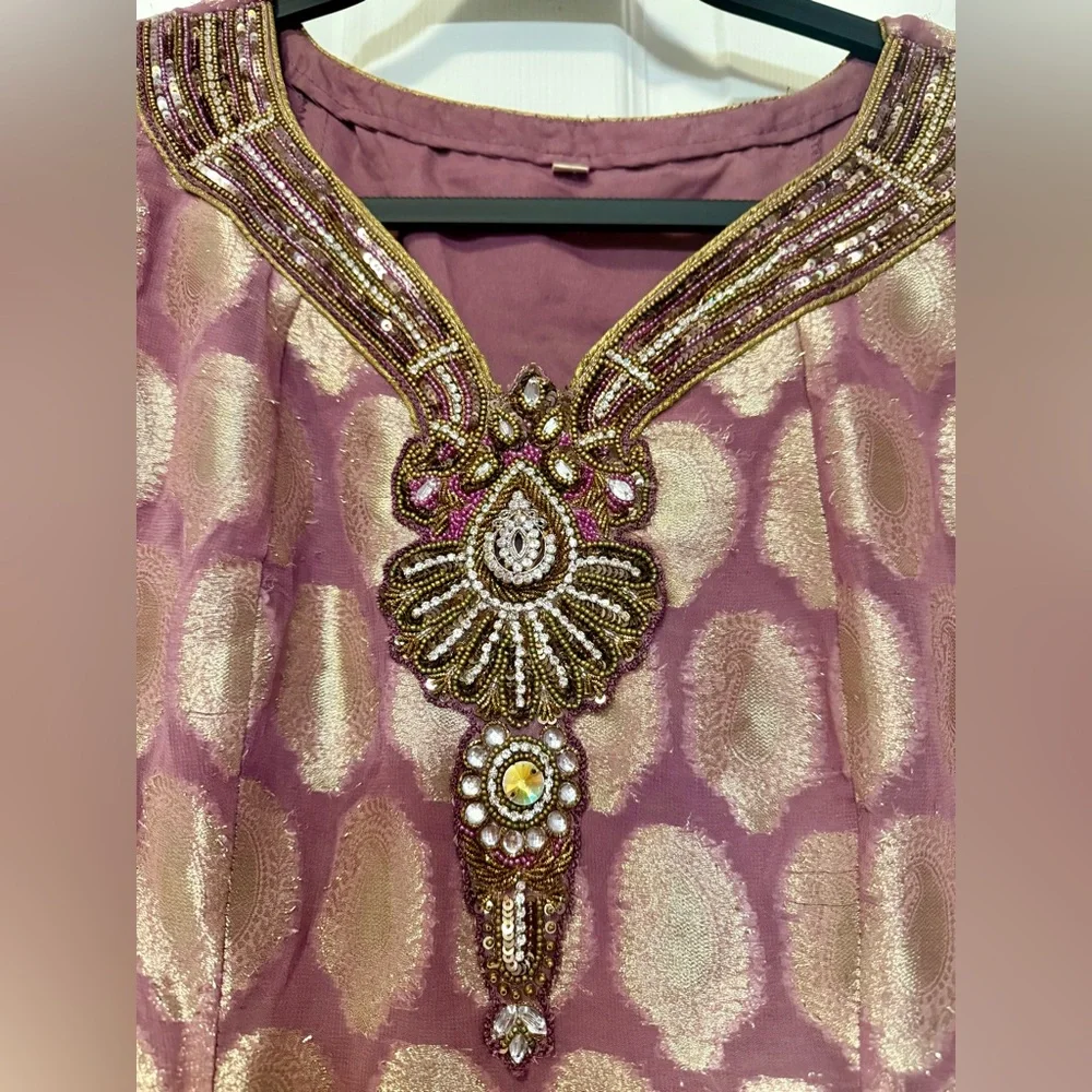 Vintage Gold Brocade Cocktail Midi Dress Small Mauve Metallic Party